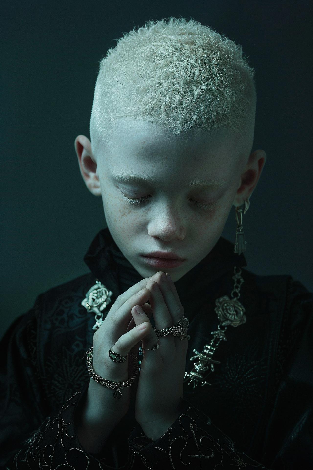 Albino portrait in dark editorial style with folded hands, conceptual photography exploring identity, art direction and visual storytelling