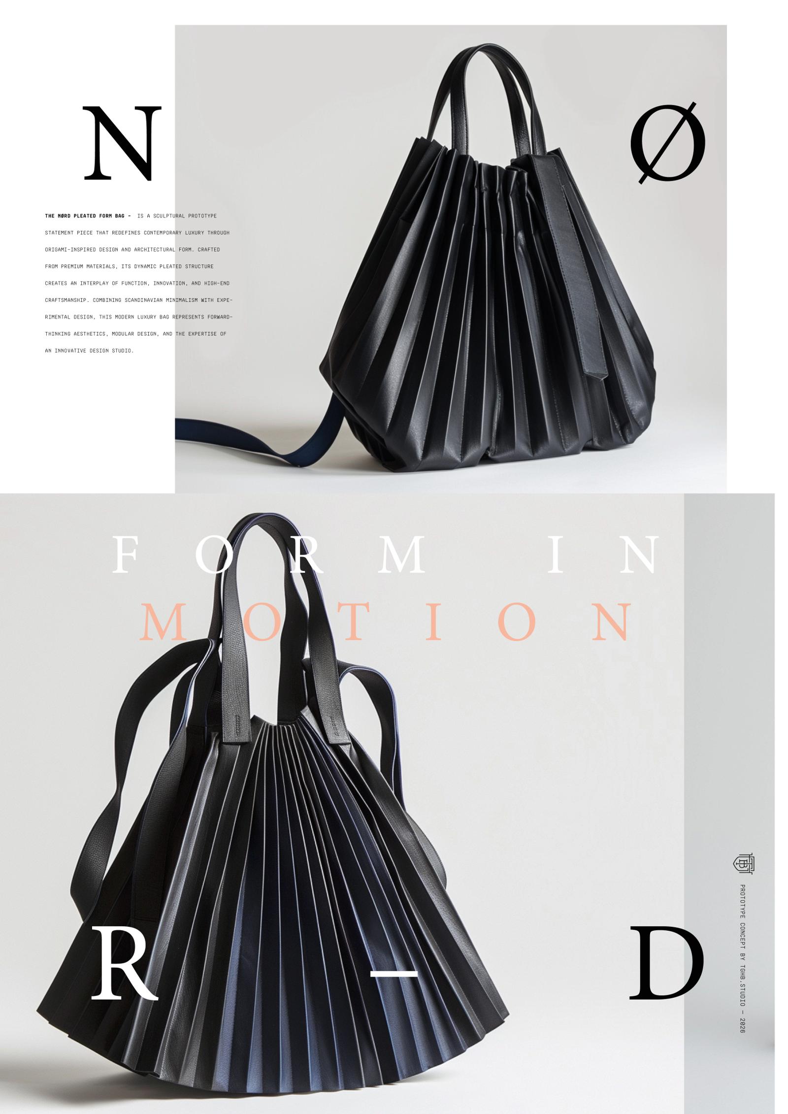 “Premium black pleated leather bag with origami-inspired folds, presented in a minimalist editorial layout with typography, showcasing contemporary luxury bag design and Scandinavian aesthetics.”