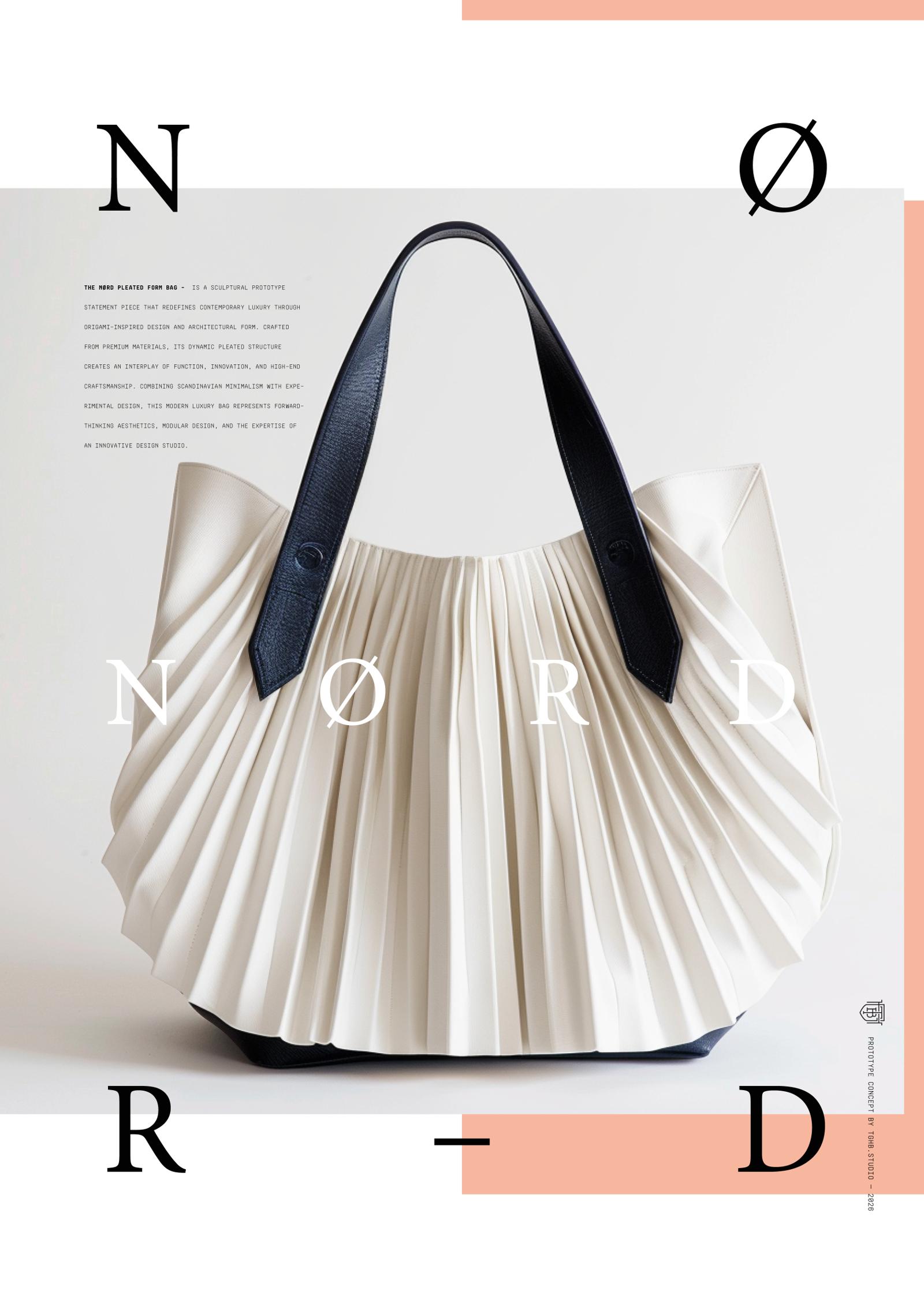 “White pleated luxury tote bag with contrasting black handles, featuring origami-inspired construction and minimalist design, highlighting premium materials and innovative bag design.”