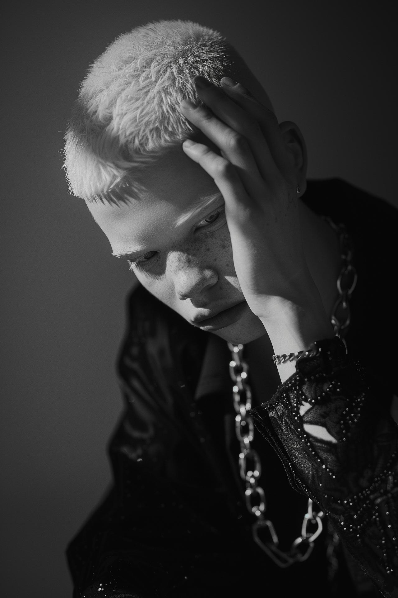 Black and white albino portrait with dramatic shadows, fashion editorial photography focused on texture, identity and creative direction