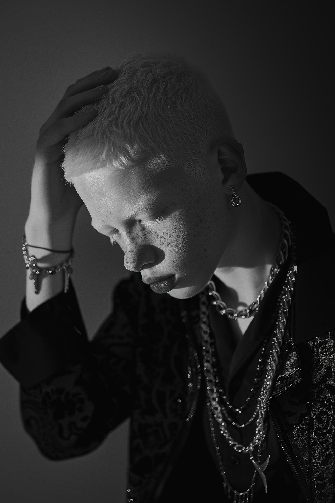 Editorial portrait with layered jewelry and strong contrast lighting, conceptual fashion photography highlighting visual identity and styling