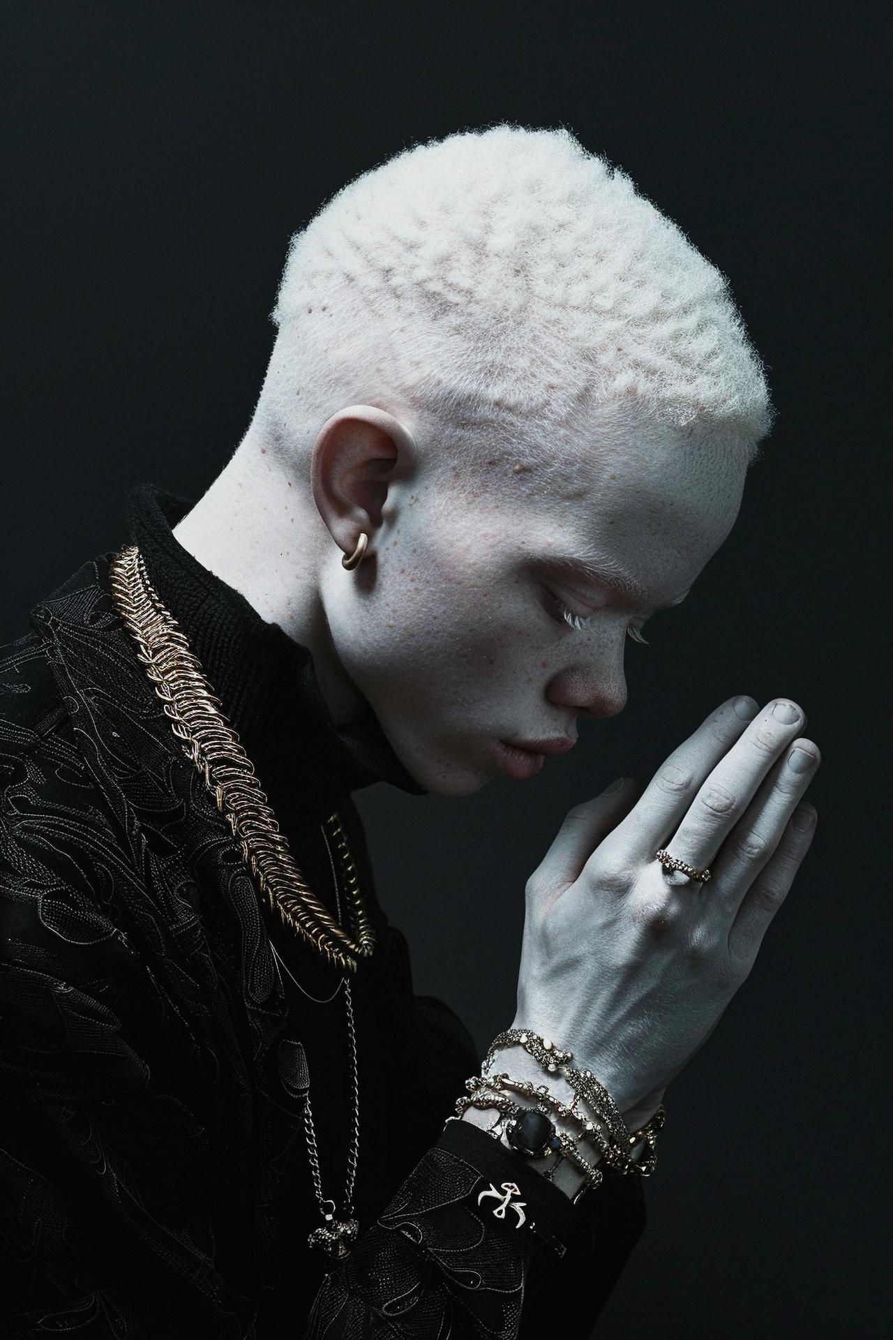 Side profile albino model in dark fashion editorial, art direction focused on mood, minimalism and contemporary visual storytelling