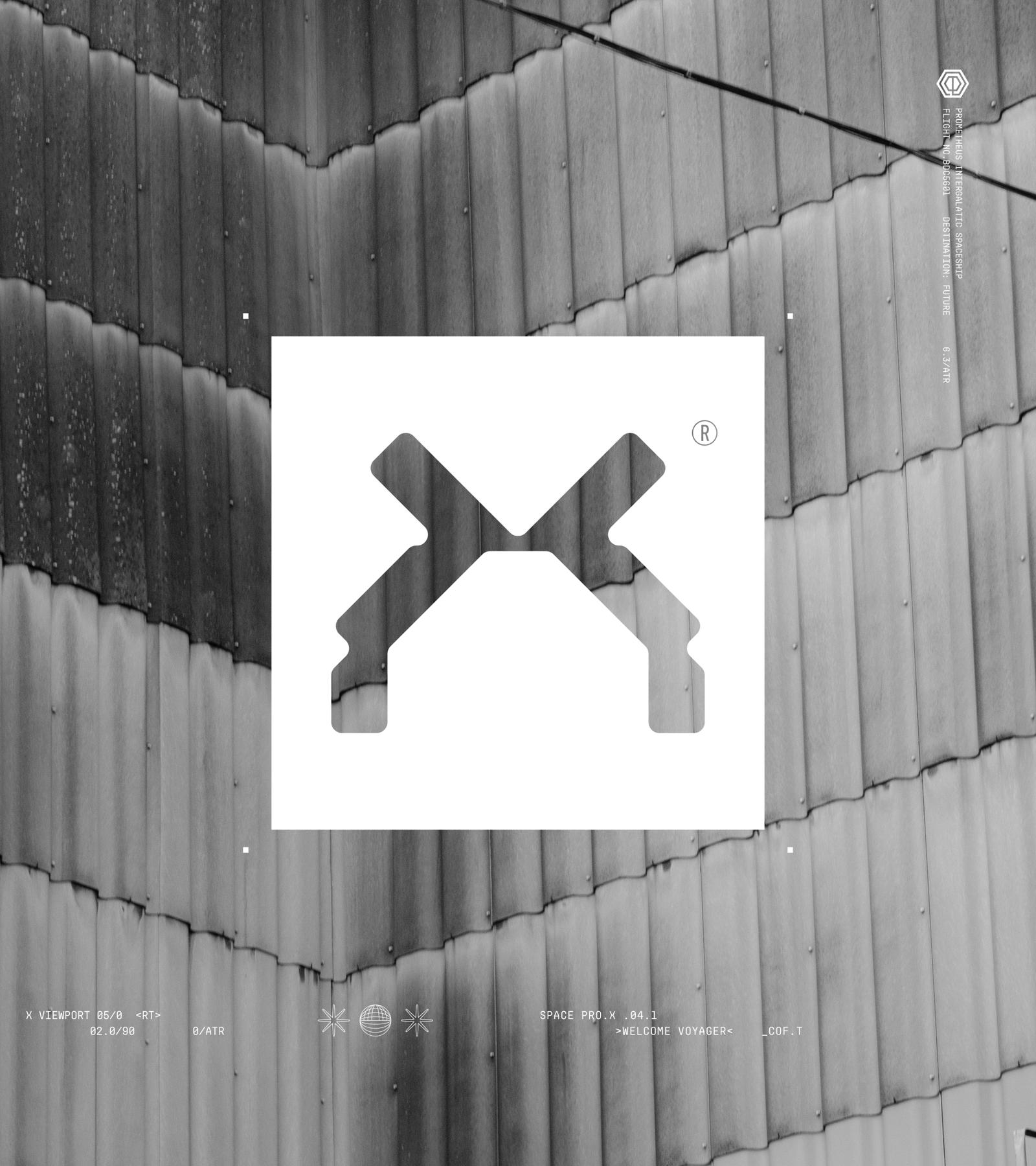 “Black and white architectural facade with textured metal shingles, overlaid by a central geometric X-shaped logo cutout, representing experimental graphic design and modular branding system.”