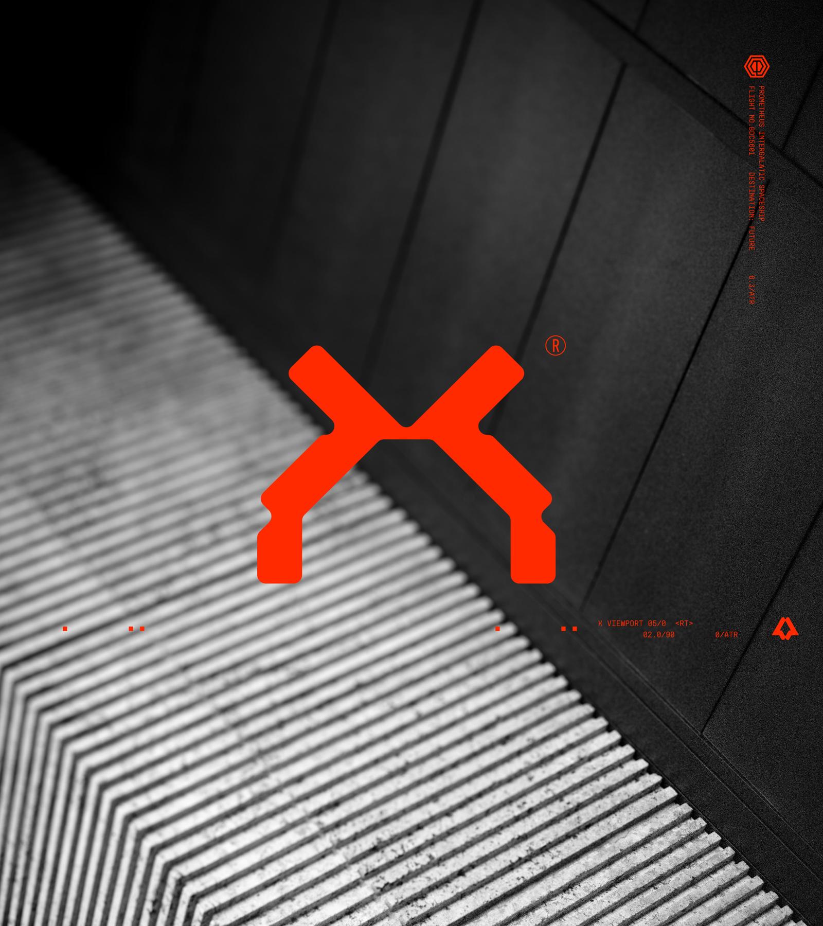 “Futuristic industrial scene with escalator metal steps in monochrome, combined with a bold red geometric X symbol and interface-style graphics, illustrating generative design and tech-driven branding.”