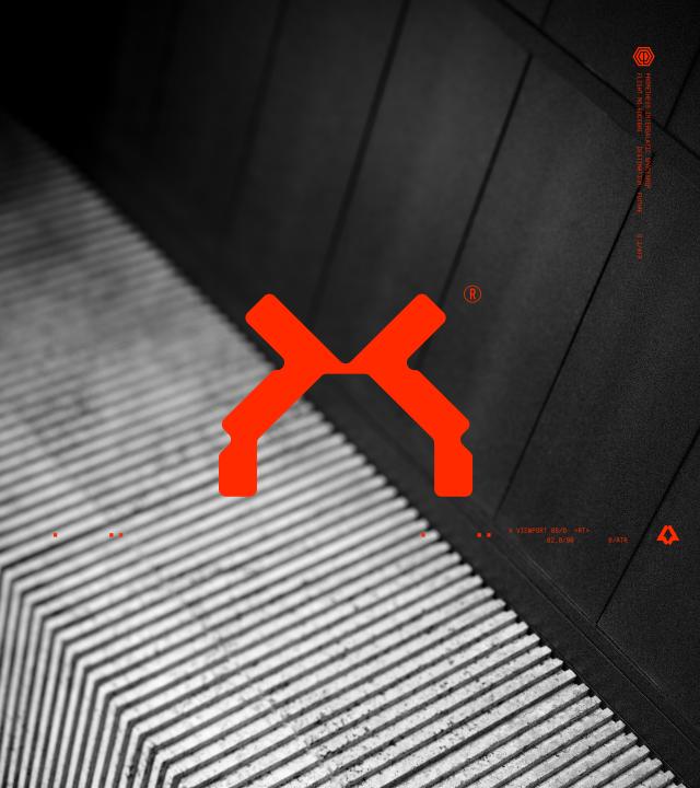 “Futuristic industrial scene with escalator metal steps in monochrome, combined with a bold red geometric X symbol and interface-style graphics, illustrating generative design and tech-driven branding.” · TheGrandHeavyBold