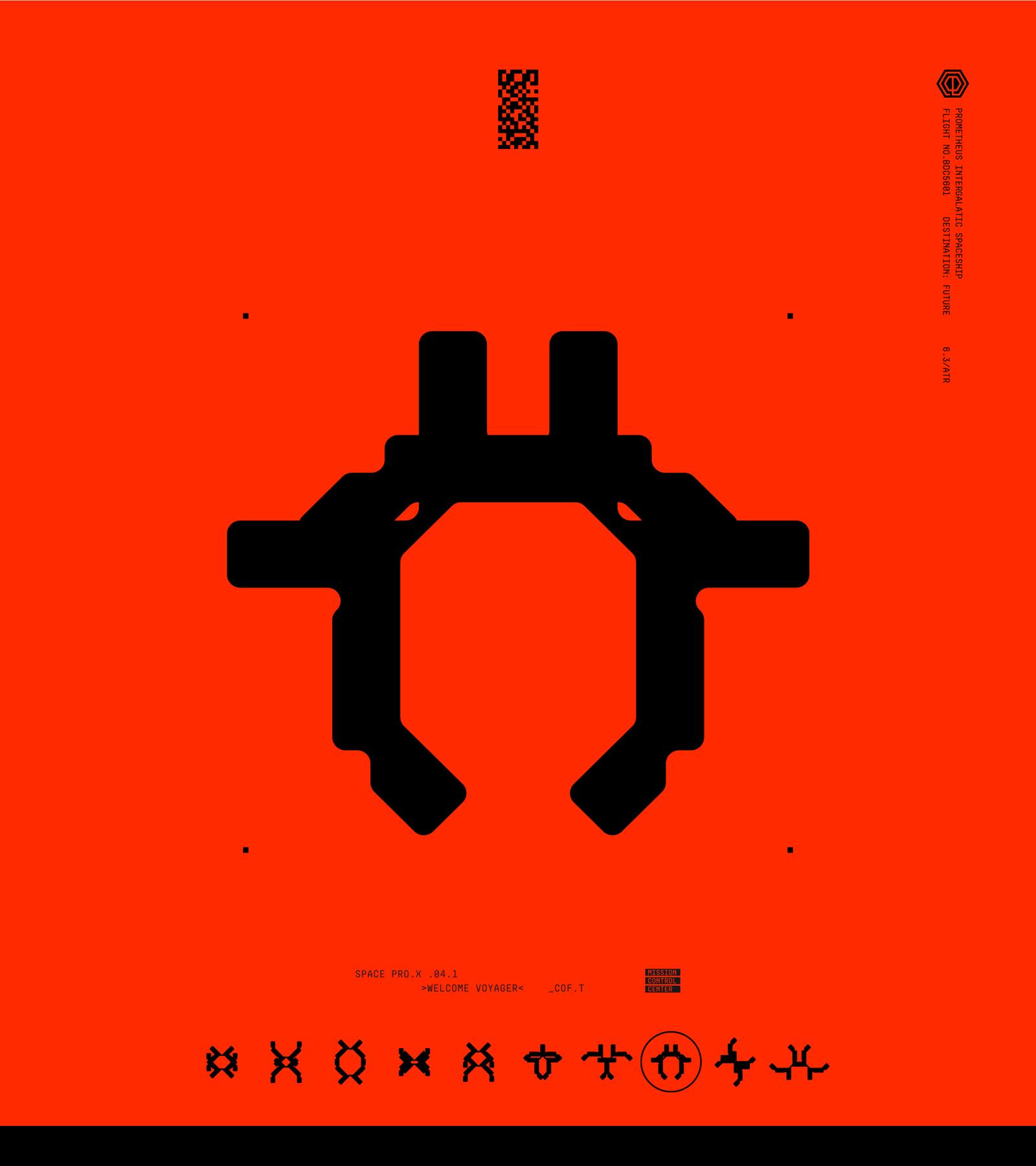 “Minimalist sci-fi poster with vibrant red background and central black geometric X-based emblem, surrounded by small symbols and UI elements, showcasing modular logo design and generative identity system.”